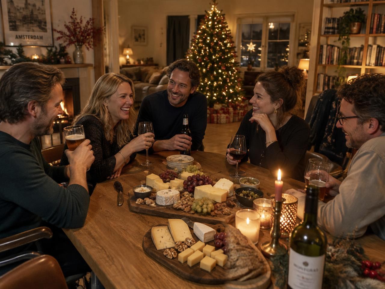 Vrienden aan tafel met een kaasplankje, met een kerstboom op de achtergrond