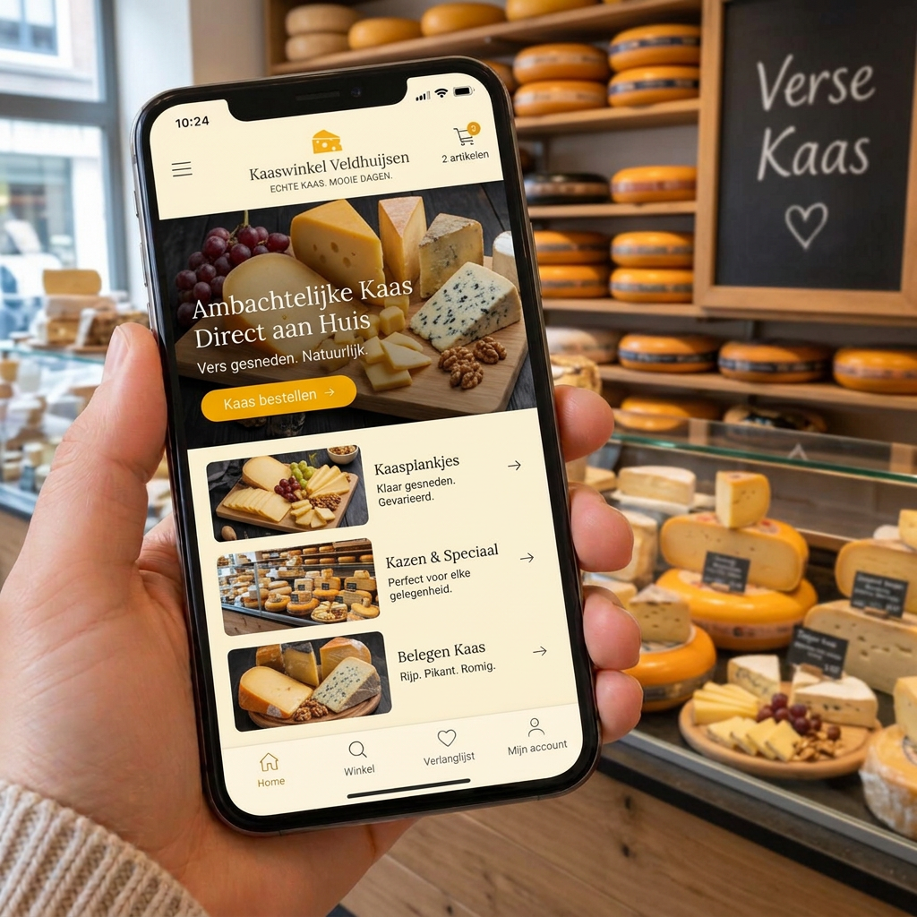Telefoon met de webshop van een kaaswinkel, met kaasplankjes en kazen in het scherm